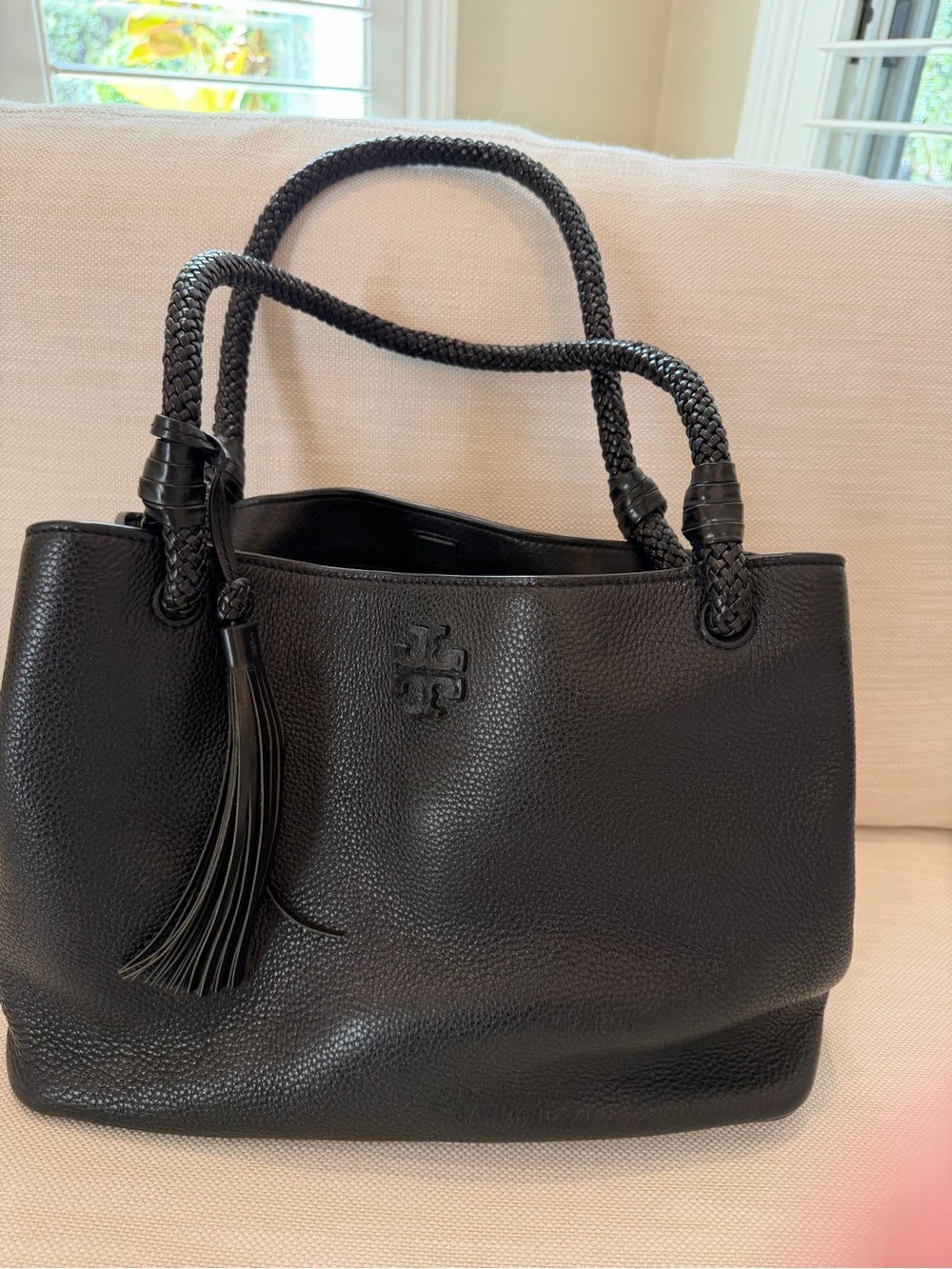Tory Burch McGraw Tassel Tote • Black  • Rope Braided Handles • w/ Cont. Wallet